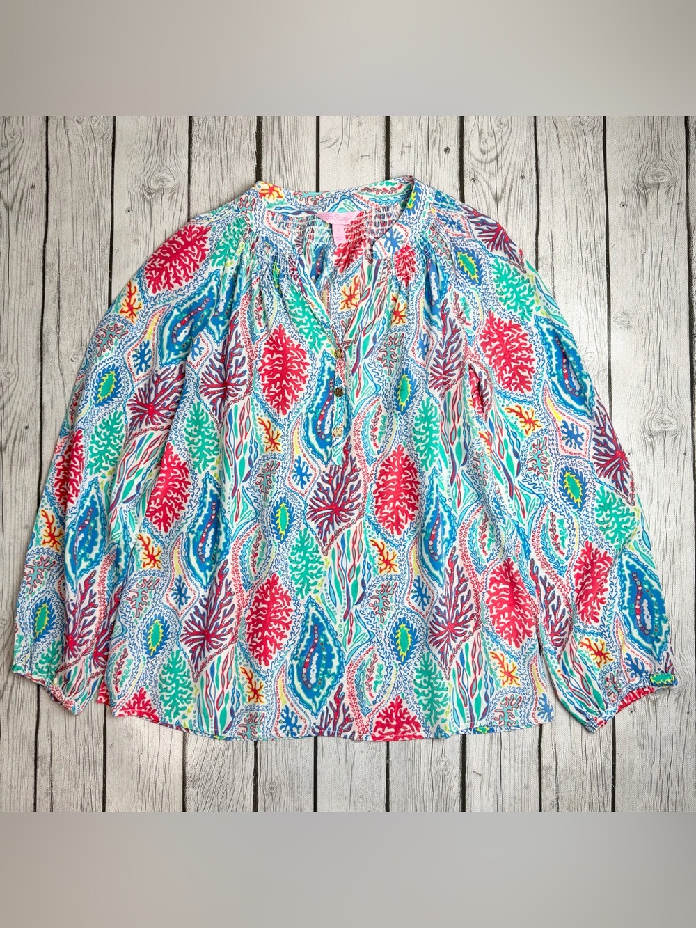 Lilly Pulitzer Women's S Elsa Silk Top Let Minnow 3/4 Sleeve Blouse